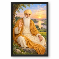 Guru Nanak Dev Serene Sunrise Blessing Photo Frame — black frame clean