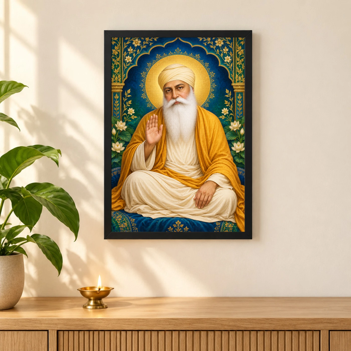 Guru Nanak Dev Royal Jewel-Toned Portrait Photo Frame 3 Guru Nanak Dev Royal Jewel-Toned Portrait Photo Frame — black frame pooja shelf