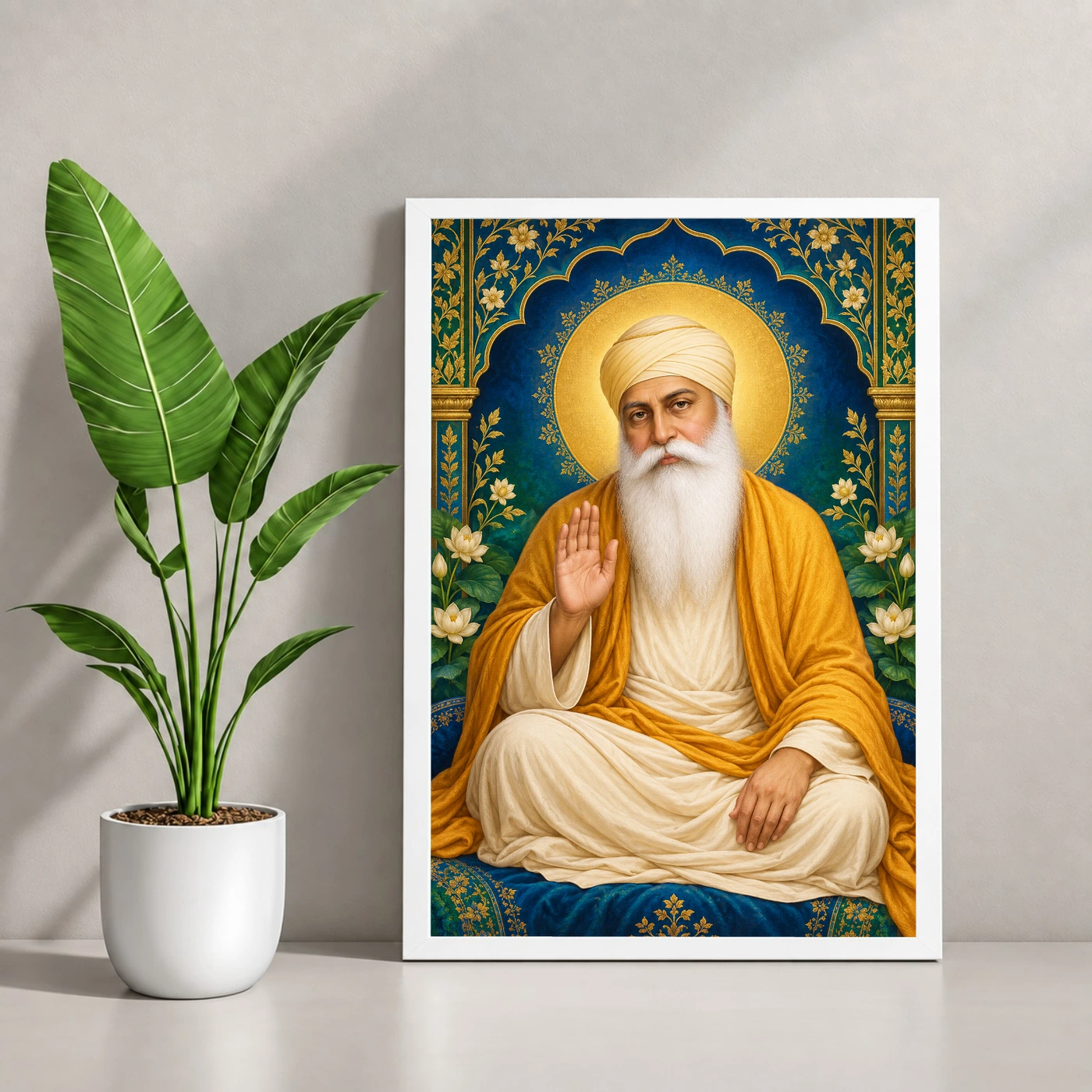 Guru Nanak Dev Royal Jewel-Toned Portrait Photo Frame 4 Guru Nanak Dev Royal Jewel-Toned Portrait Photo Frame — white frame console