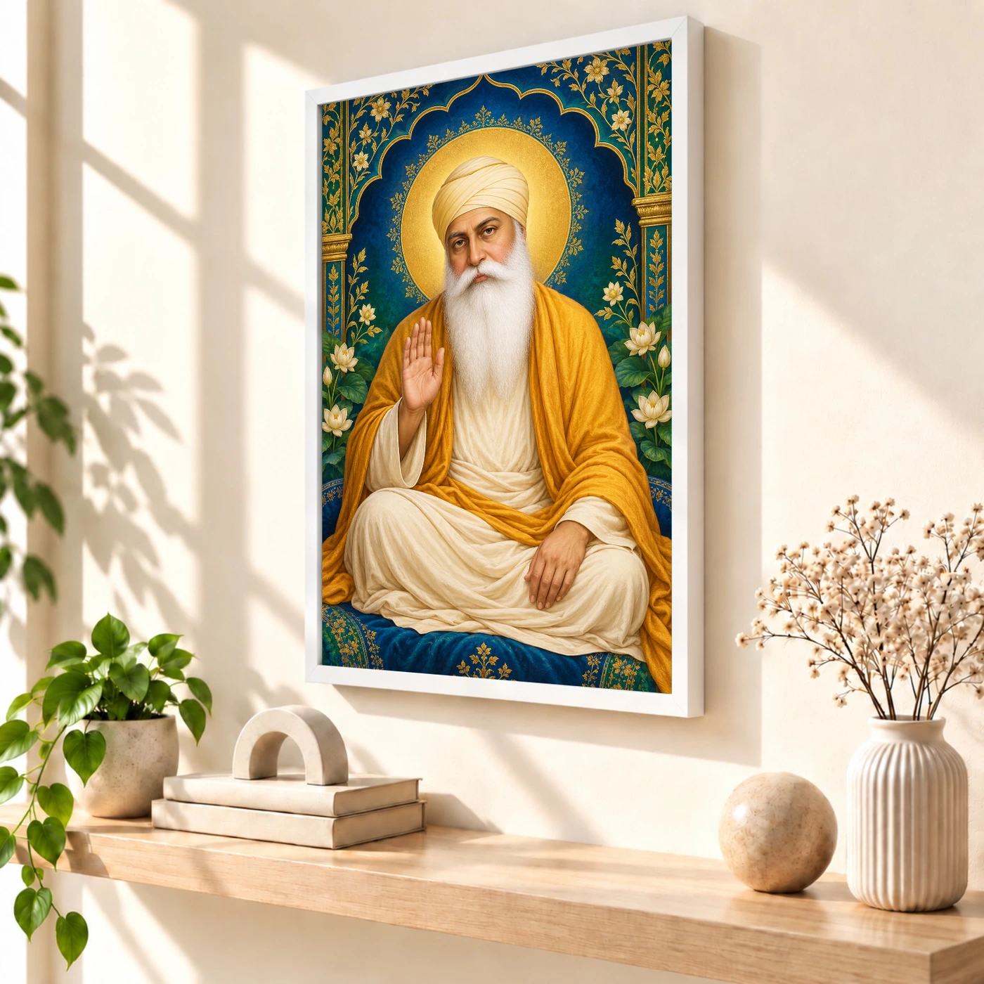 Guru Nanak Dev Royal Jewel-Toned Portrait Photo Frame 7 Guru Nanak Dev Royal Jewel-Toned Portrait Photo Frame — white frame warm console