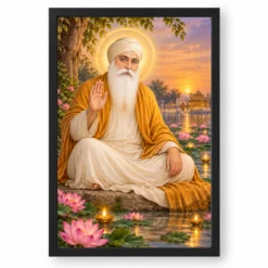 Guru Nanak Dev Lotus and Diya Radiance Photo Frame — black frame clean