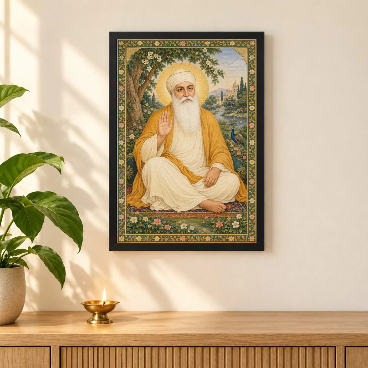 Guru Nanak Dev Traditional Indian Miniature-Inspired Devotional Art Photo Frame 3 Guru Nanak Dev Traditional Indian Miniature-Inspired Devotional Art Photo Frame — black frame pooja shelf