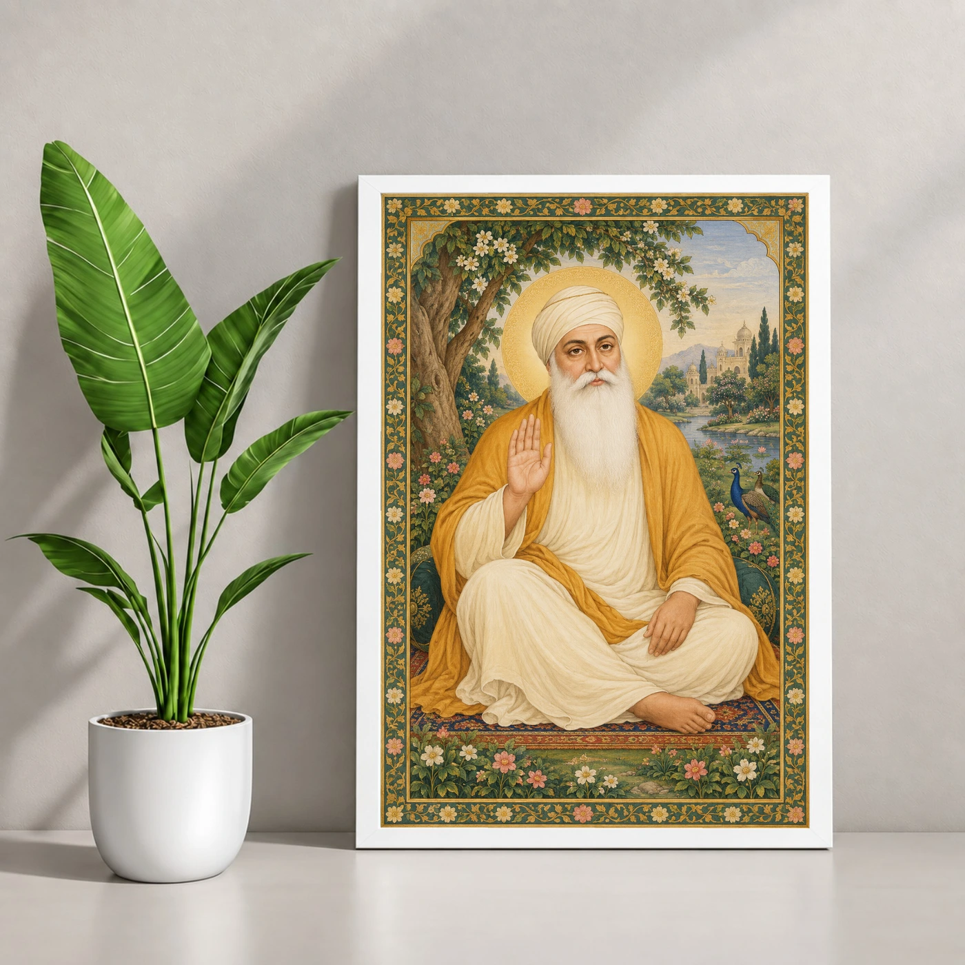 Guru Nanak Dev Traditional Indian Miniature-Inspired Devotional Art Photo Frame 4 Guru Nanak Dev Traditional Indian Miniature-Inspired Devotional Art Photo Frame — white frame console