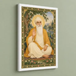 Guru Nanak Dev Traditional Indian Miniature-Inspired Devotional Art Photo Frame 13 Guru Nanak Dev Traditional Indian Miniature-Inspired Devotional Art Photo Frame — white frame angled wall