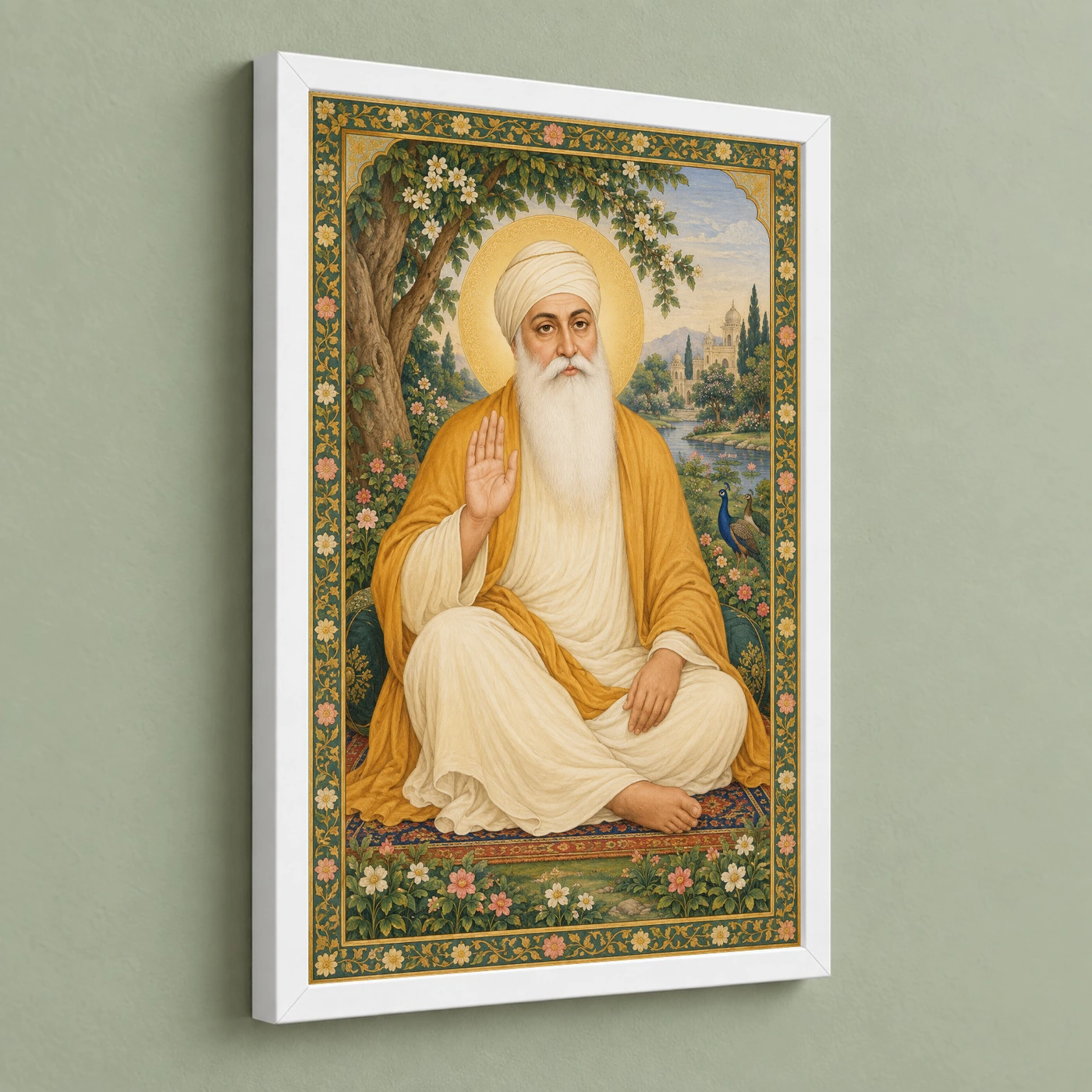 Guru Nanak Dev Traditional Indian Miniature-Inspired Devotional Art Photo Frame 5 Guru Nanak Dev Traditional Indian Miniature-Inspired Devotional Art Photo Frame — white frame angled wall