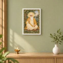 Guru Nanak Dev Traditional Indian Miniature-Inspired Devotional Art Photo Frame 14 Guru Nanak Dev Traditional Indian Miniature-Inspired Devotional Art Photo Frame — white frame distant wall