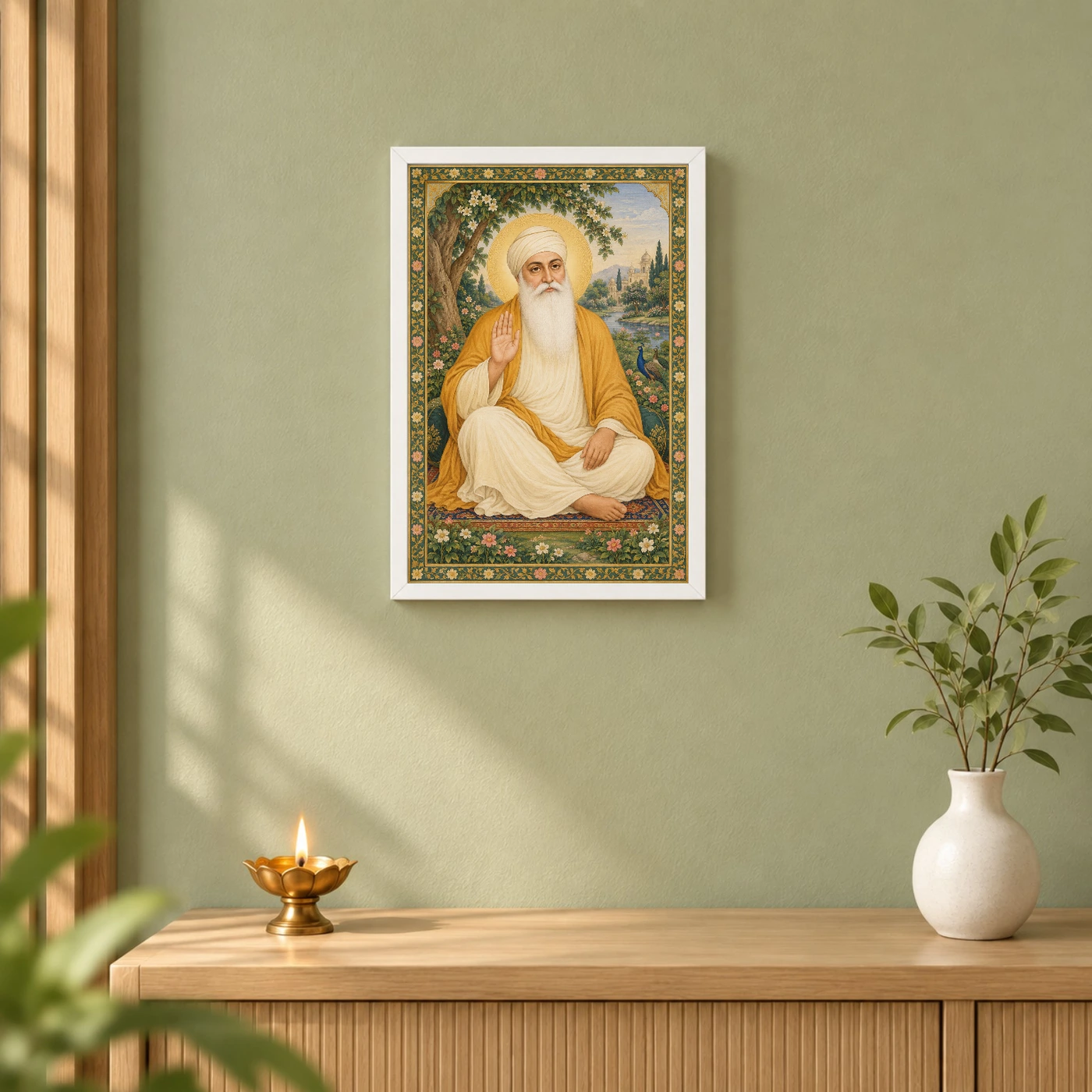 Guru Nanak Dev Traditional Indian Miniature-Inspired Devotional Art Photo Frame 6 Guru Nanak Dev Traditional Indian Miniature-Inspired Devotional Art Photo Frame — white frame distant wall