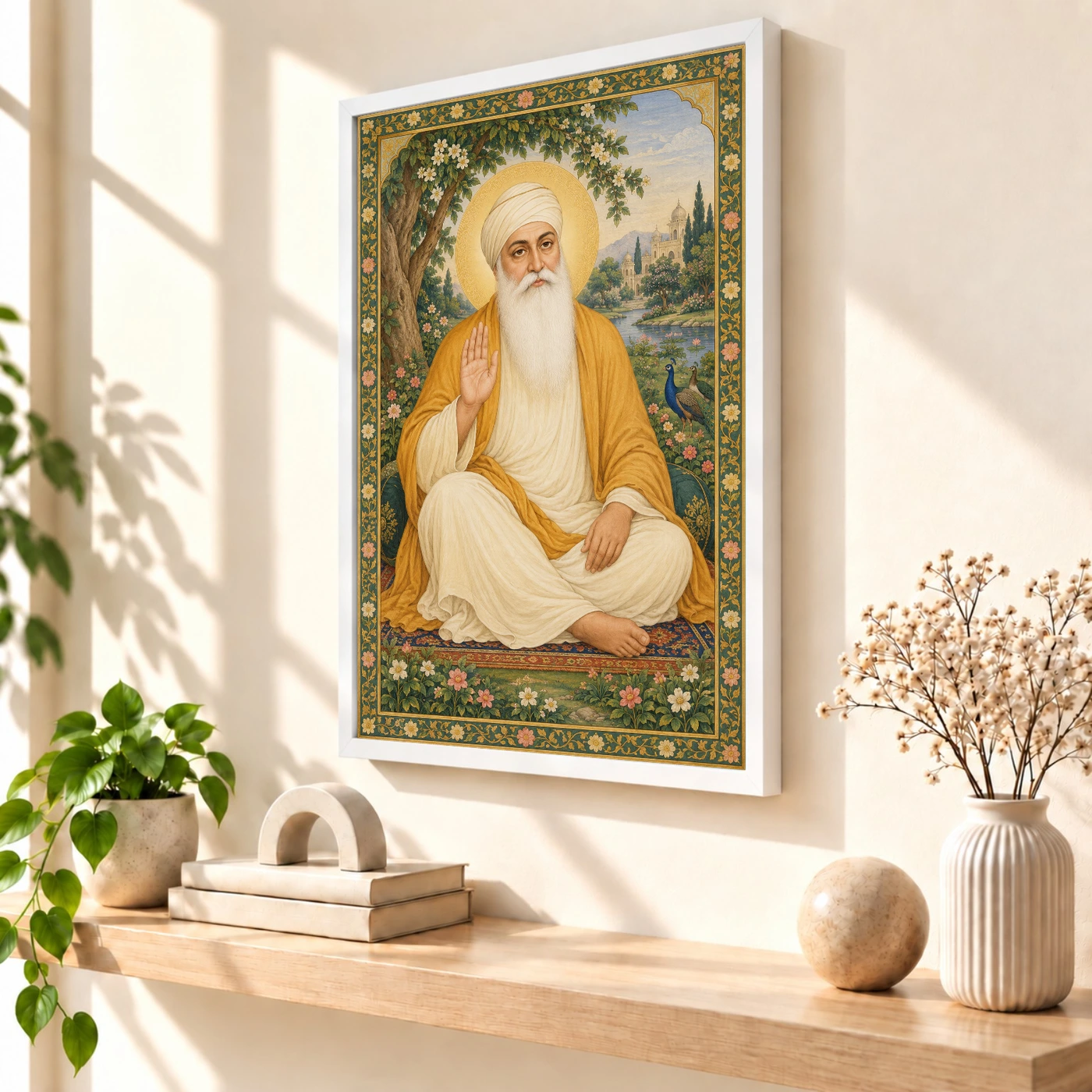 Guru Nanak Dev Traditional Indian Miniature-Inspired Devotional Art Photo Frame 7 Guru Nanak Dev Traditional Indian Miniature-Inspired Devotional Art Photo Frame — white frame warm console