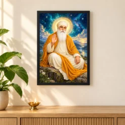 Guru Nanak Dev Cosmic Celestial Aura Photo Frame — black frame pooja shelf