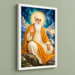 Guru Nanak Dev Cosmic Celestial Aura Photo Frame — white frame angled wall