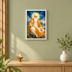 Guru Nanak Dev Cosmic Celestial Aura Photo Frame — white frame distant wall