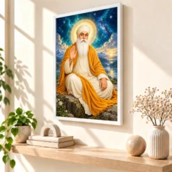 Guru Nanak Dev Cosmic Celestial Aura Photo Frame — white frame warm console