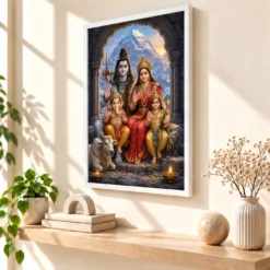 Shiva Parivar — Kailash Family Blessings Frame 15 Shiva Parivar — Kailash Family Blessings Frame — white frame warm console