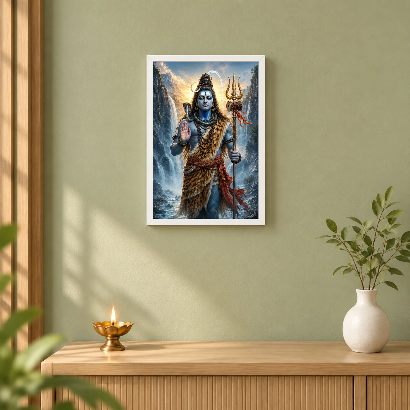 Mahadev — Ganga Trishul Divine Portrait Frame 6 Mahadev — Ganga Trishul Divine Portrait Frame — white frame distant wall