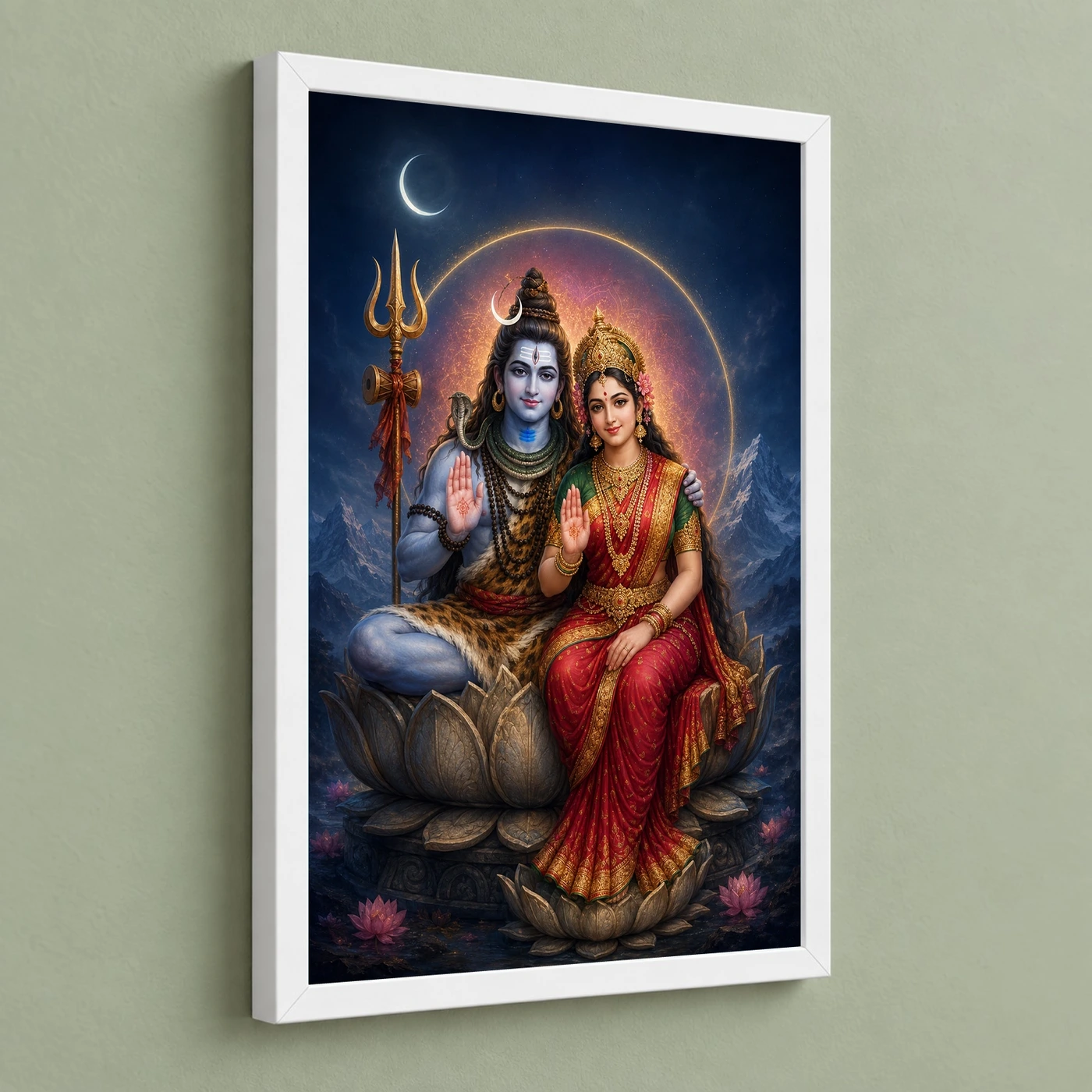 Shiva Parvati — Cosmic Union Blessings Frame 5 Shiva Parvati — Cosmic Union Blessings Frame — white frame angled wall