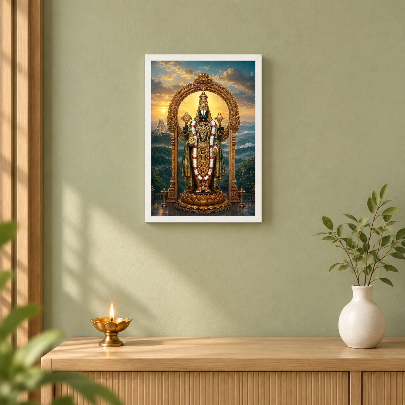 Lord Venkateshwara — Seshachalam Temple Frame 6 Lord Venkateshwara — Seshachalam Temple Frame — white frame distant wall