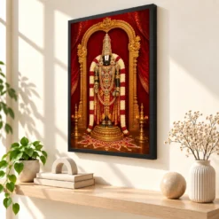 Tirumala Balaji — Red Gold Temple Radiance Frame — black frame console