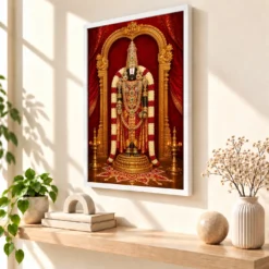 Tirumala Balaji — Red Gold Temple Radiance Frame — white frame warm console