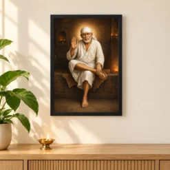 Shirdi Sai Baba — Dwarkamai Stone Seat Frame — black frame pooja shelf