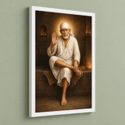 Shirdi Sai Baba — Dwarkamai Stone Seat Frame — white frame angled wall