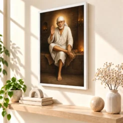 Shirdi Sai Baba — Dwarkamai Stone Seat Frame — white frame warm console