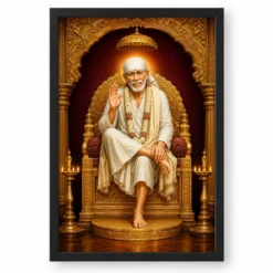 Sai Baba — Golden Throne Blessings Frame — black frame clean