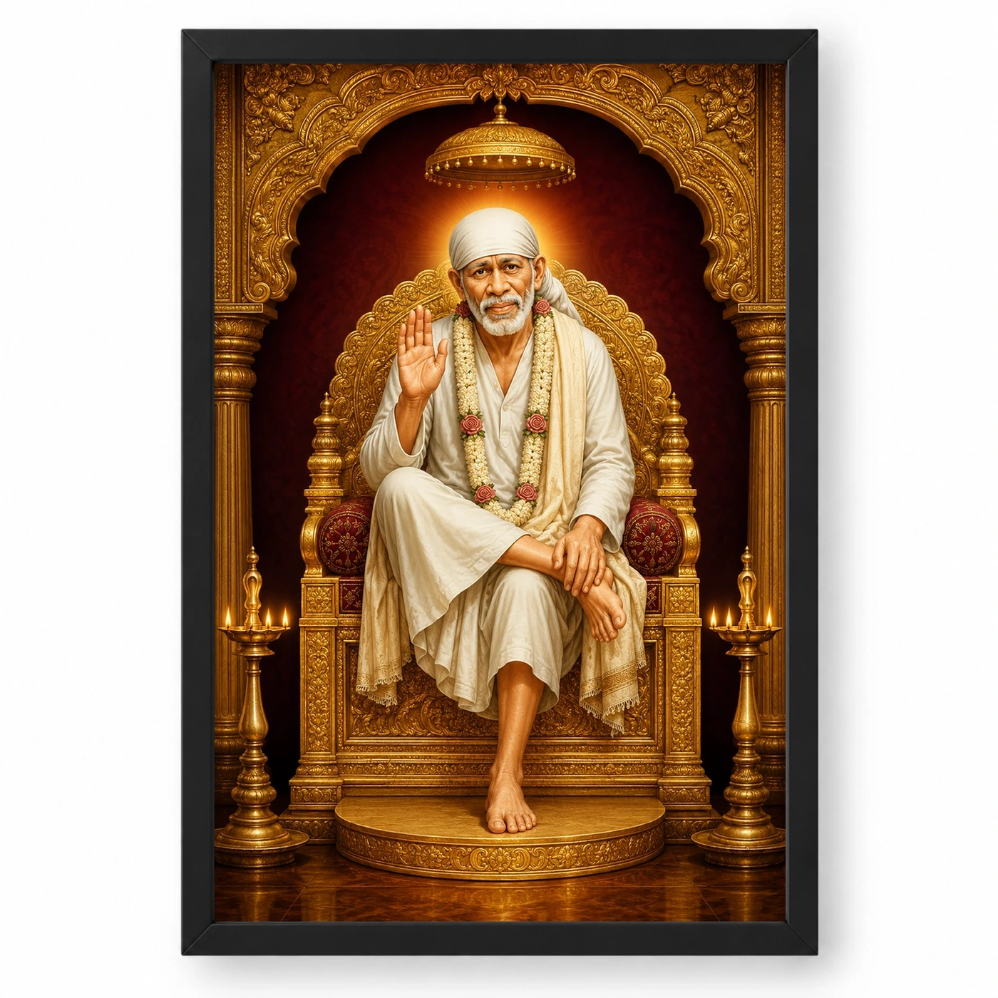 Sai Baba — Golden Throne Blessings Frame 1 Sai Baba — Golden Throne Blessings Frame — black frame clean