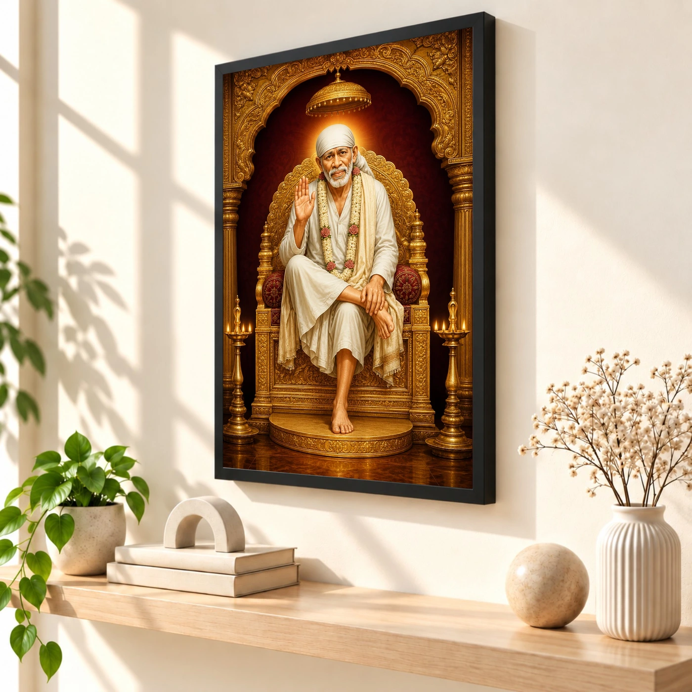Sai Baba — Golden Throne Blessings Frame 56 Sai Baba — Golden Throne Blessings Frame — black frame