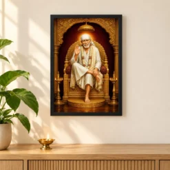 Sai Baba — Golden Throne Blessings Frame 11 Sai Baba — Golden Throne Blessings Frame — black frame pooja shelf