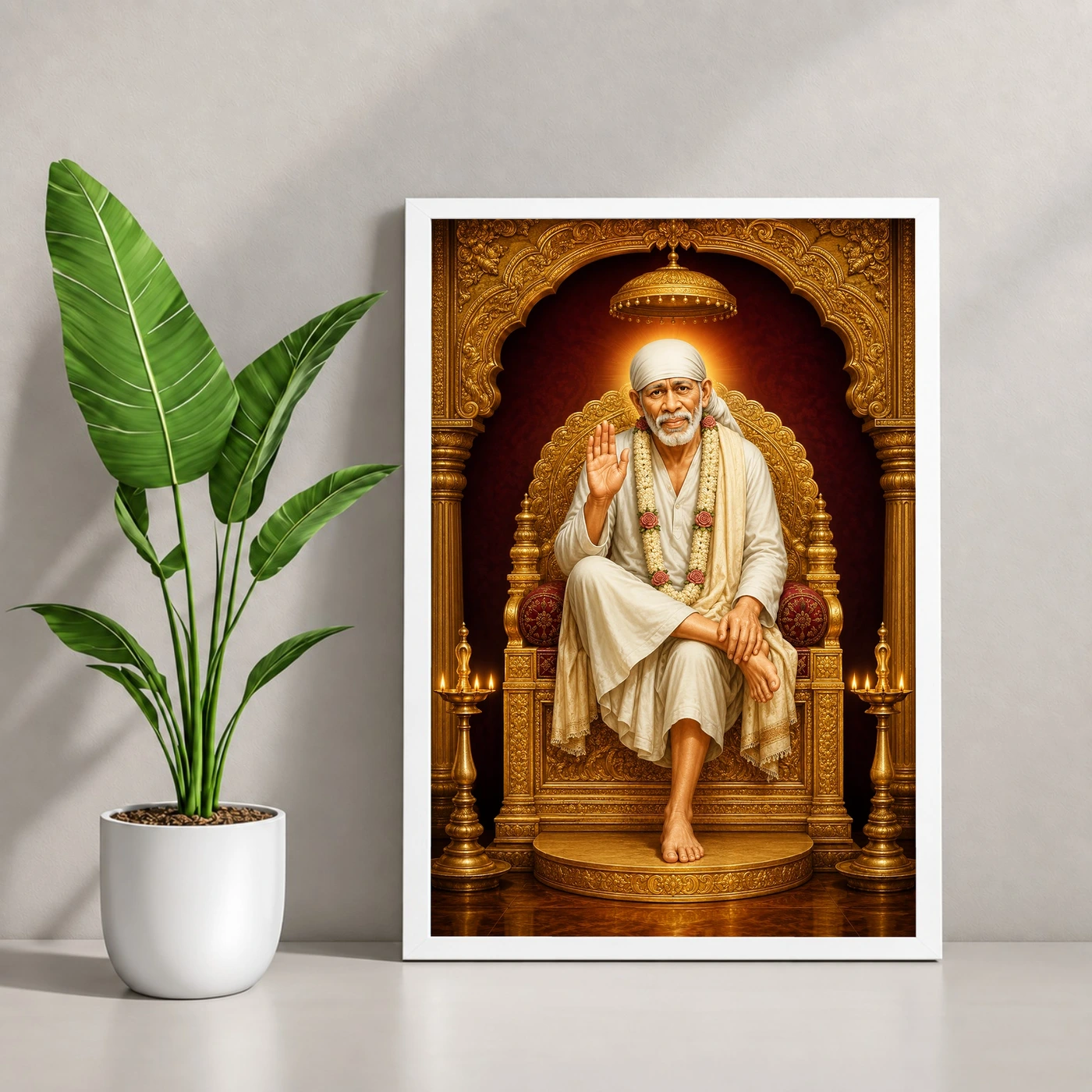Sai Baba — Golden Throne Blessings Frame 4 Sai Baba — Golden Throne Blessings Frame — white frame console