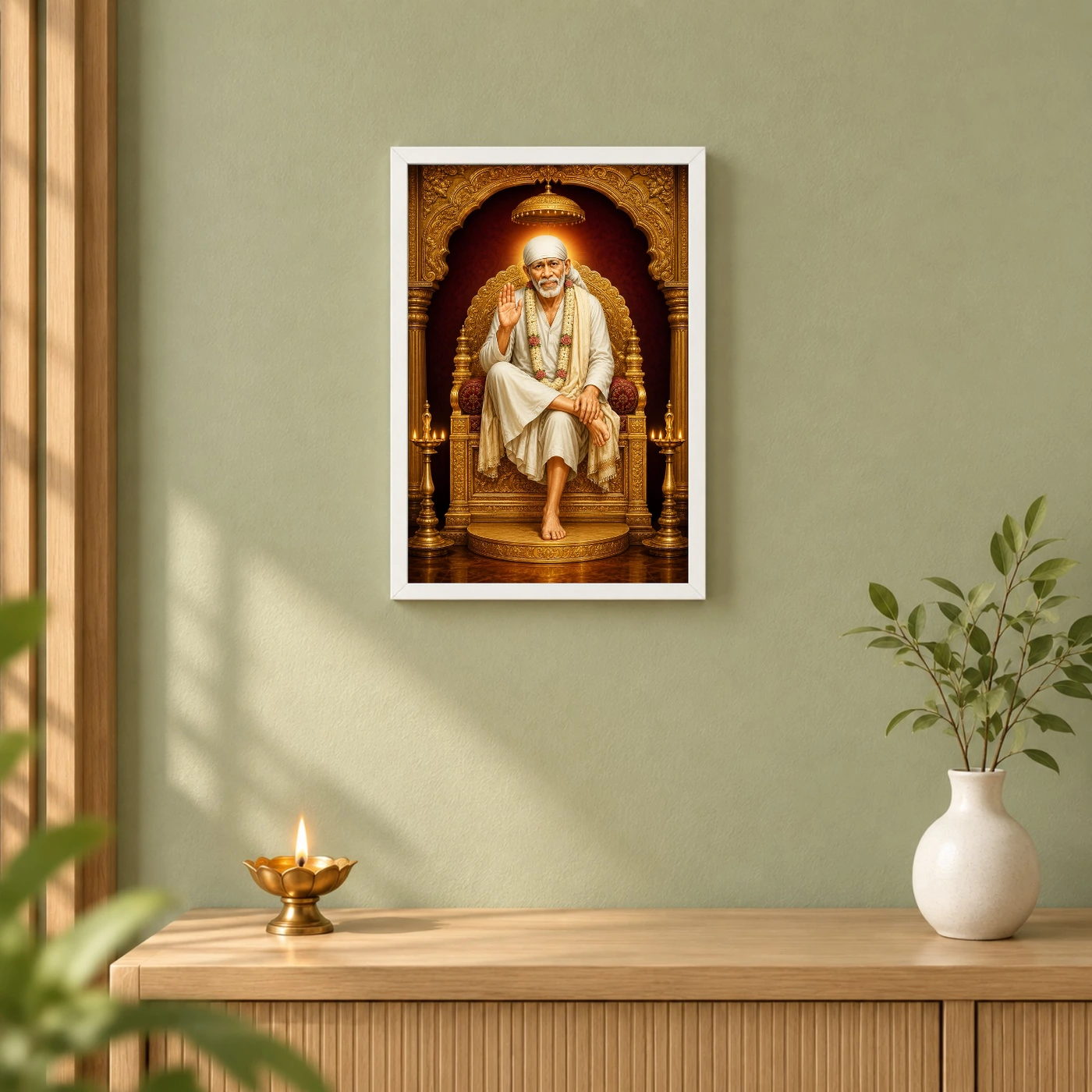 Sai Baba — Golden Throne Blessings Frame 6 Sai Baba — Golden Throne Blessings Frame — white frame distant wall