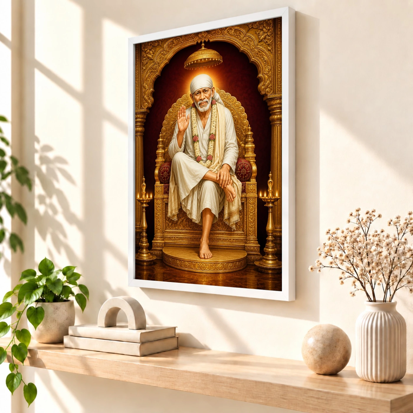 Sai Baba — Golden Throne Blessings Frame 57 Sai Baba — Golden Throne Blessings Frame — white frame