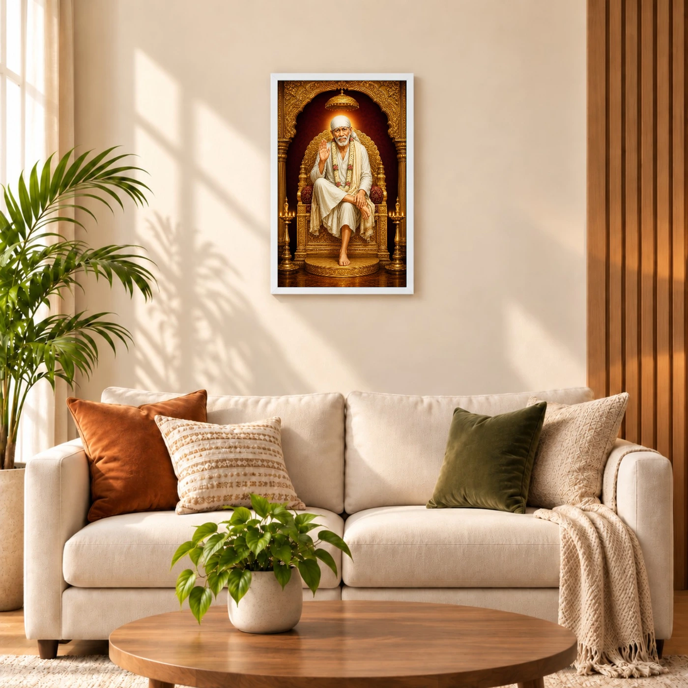 Sai Baba — Golden Throne Blessings Frame 9 Sai Baba — Golden Throne Blessings Frame — white frame sofa