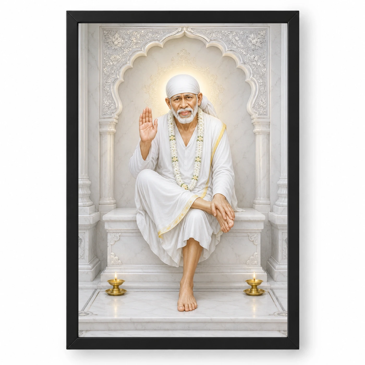 Sai Baba — White Marble Temple Serenity Frame 1 Sai Baba — White Marble Temple Serenity Frame — black frame clean