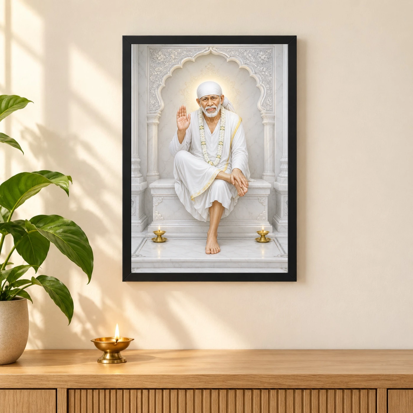 Sai Baba — White Marble Temple Serenity Frame 3 Sai Baba — White Marble Temple Serenity Frame — black frame pooja shelf