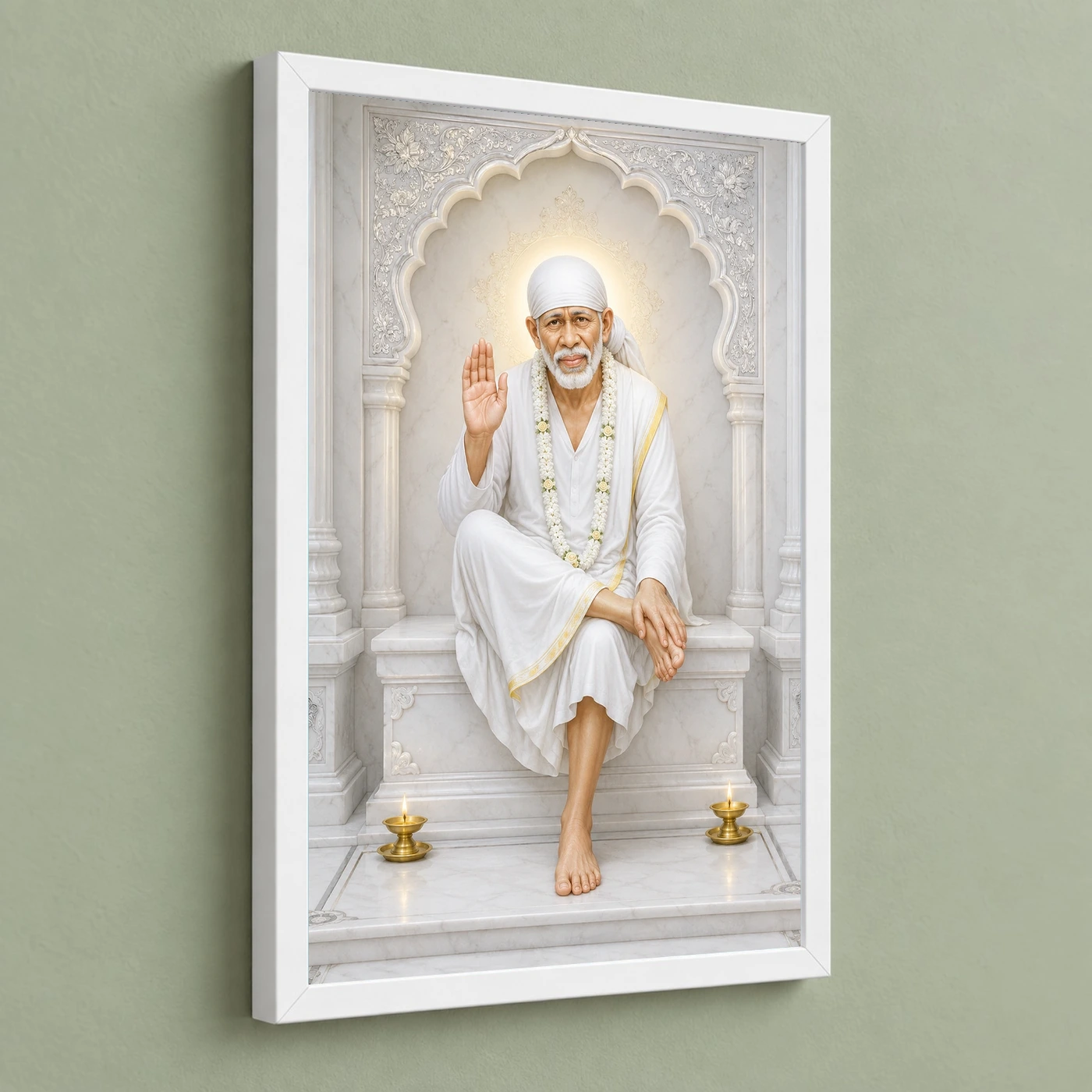 Sai Baba — White Marble Temple Serenity Frame 5 Sai Baba — White Marble Temple Serenity Frame — white frame angled wall