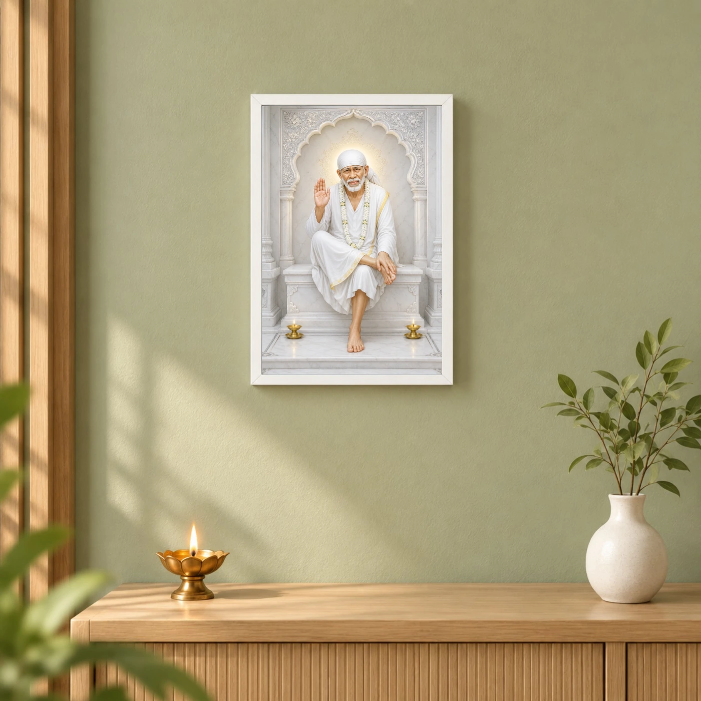 Sai Baba — White Marble Temple Serenity Frame 6 Sai Baba — White Marble Temple Serenity Frame — white frame distant wall