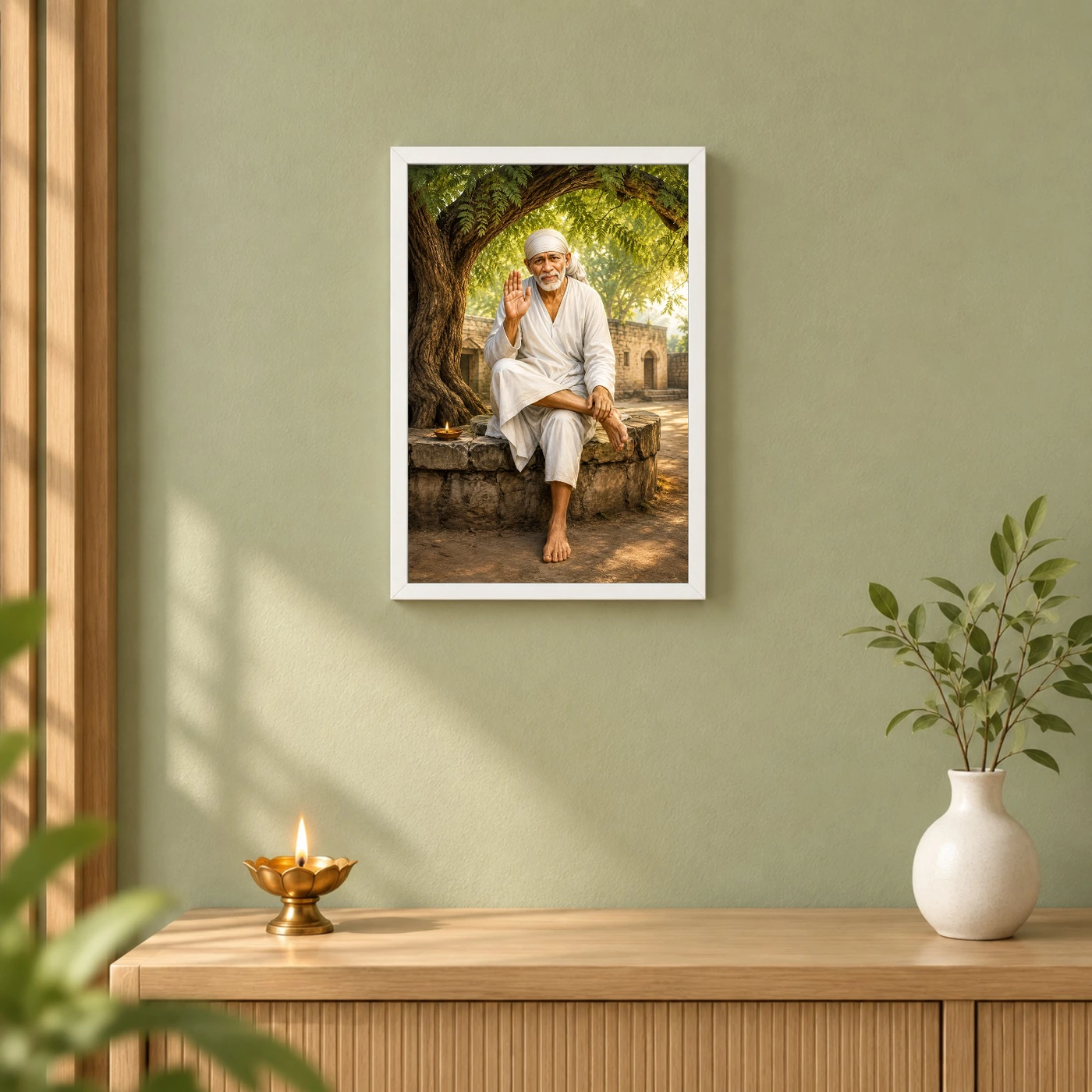 Sai Baba — Neem Tree Compassion Frame 6 Sai Baba — Neem Tree Compassion Frame — white frame distant wall