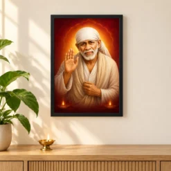 Sai Baba — Diya Blessing Portrait Frame — black frame pooja shelf