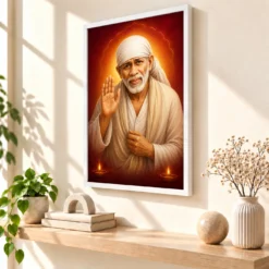 Sai Baba — Diya Blessing Portrait Frame — white frame warm console