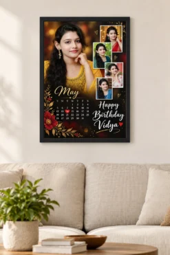 Black 8x12 birthday collage photo frame above sofa